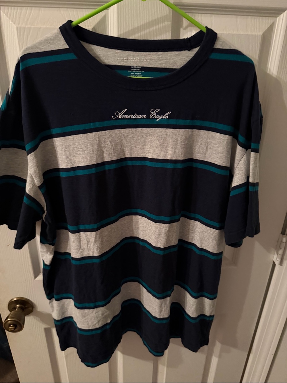 American Eagle Men’s XL Relaxed Fit Striped T-Shirt Navy Gray Teal